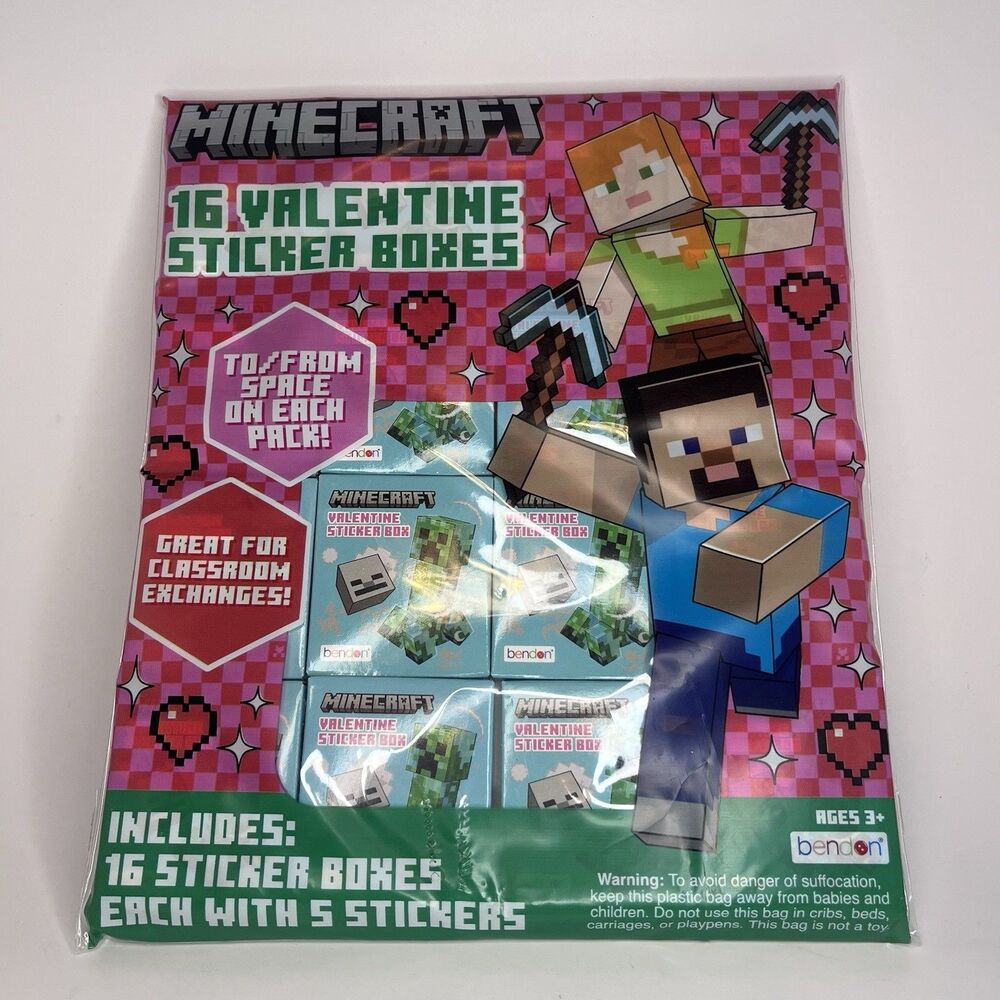 Minecraft 16 Valentine Sticker Boxes - 5 Stickers In Each Box